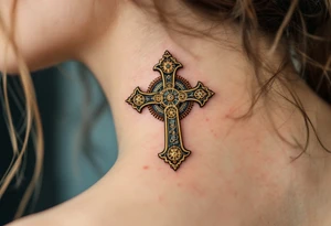 Vintage Cross with Clockwork Design – A very tiny vintage bronze cross featuring intricate clock gears in gold and rust, combining faith and time, with some soft shading in the back of a neck. tattoo idea