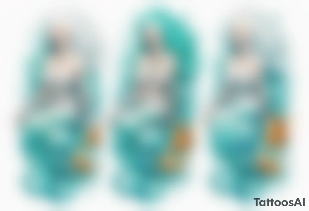 a tall albino woman made of water covered with fish scales with turquoise hair sitting upon a wave tattoo idea