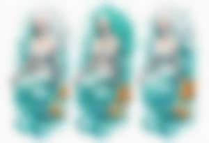 a tall albino woman made of water covered with fish scales with turquoise hair sitting upon a wave tattoo idea