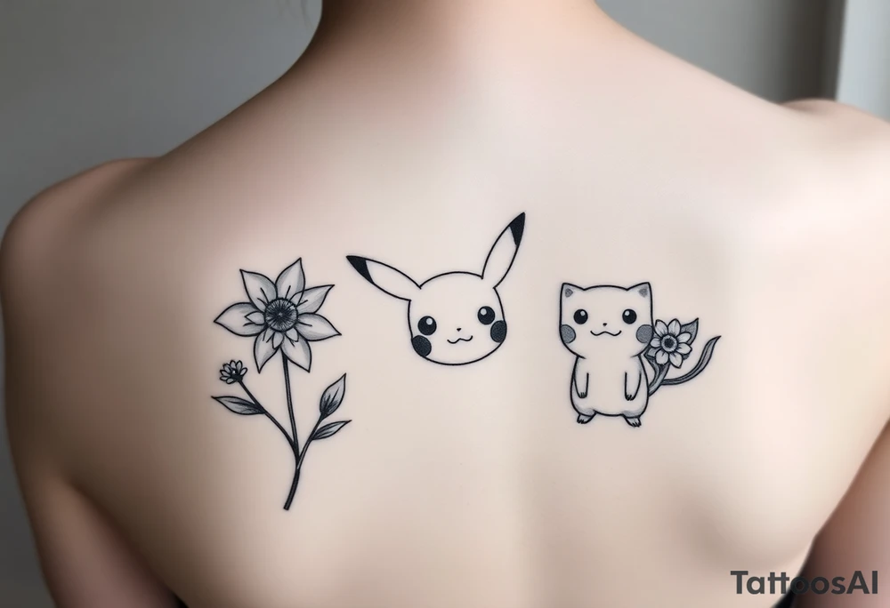 Thin outline of daffodil flowers, narcissist flowers, acute Pikachu and a cute Bulbasaur tattoo idea