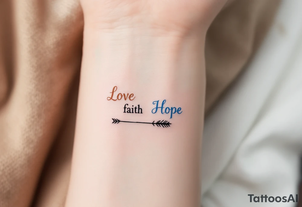 "Love" in dusty rose pink, "Faith" in antique gold, and "Hope" in sky blue, connected by a fine black arrow. tattoo idea