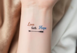 "Love" in dusty rose pink, "Faith" in antique gold, and "Hope" in sky blue, connected by a fine black arrow. tattoo idea