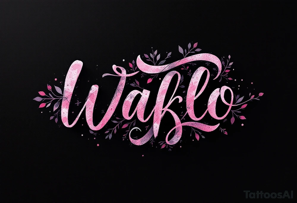 Pink ink lettering on darker skin, glowing subtly like chalk on a blackboard, surrounded by geometric shapes. tattoo idea