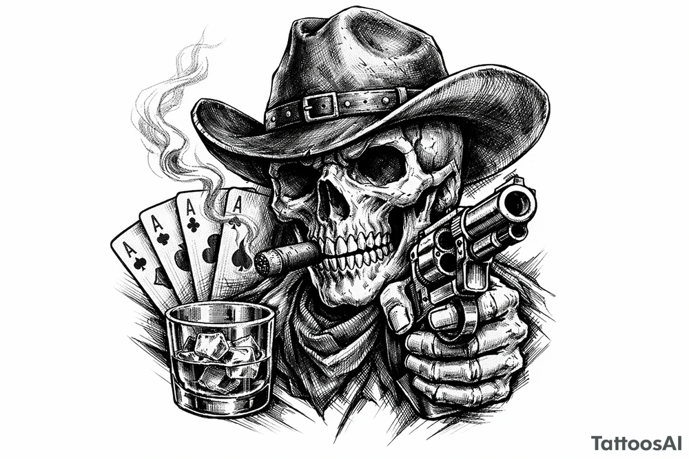 skull with cowboy-hat, cigar in his mouth, a gun in a hand, playing cards, whiskey-glass. tattoo idea