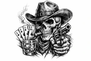 skull with cowboy-hat, cigar in his mouth, a gun in a hand, playing cards, whiskey-glass. tattoo idea