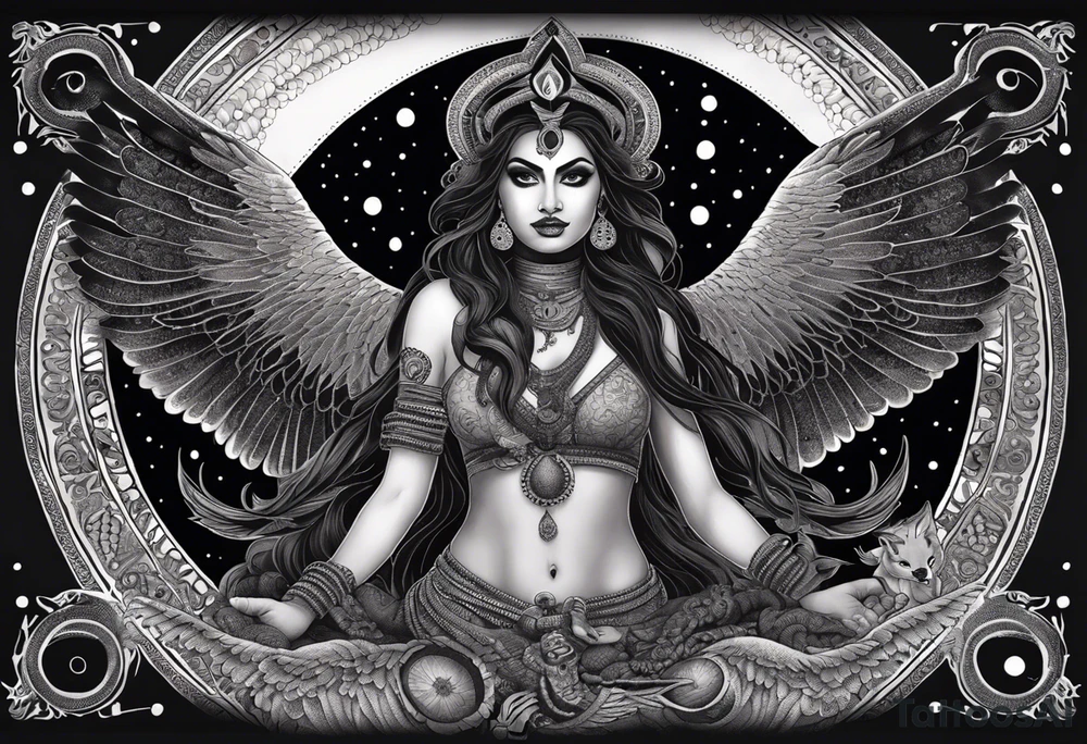 black kali, goddess pirate, alien, angel, pachamama, valkrye, warrior, flying, skull, lotus azul, wing, eagle, zenza resonance, stars, 5D, anahata chakra, death, durga, riding on a tiger, flying lady, kundalini, chest tatoo, samuri, rebel,serpent tattoo idea