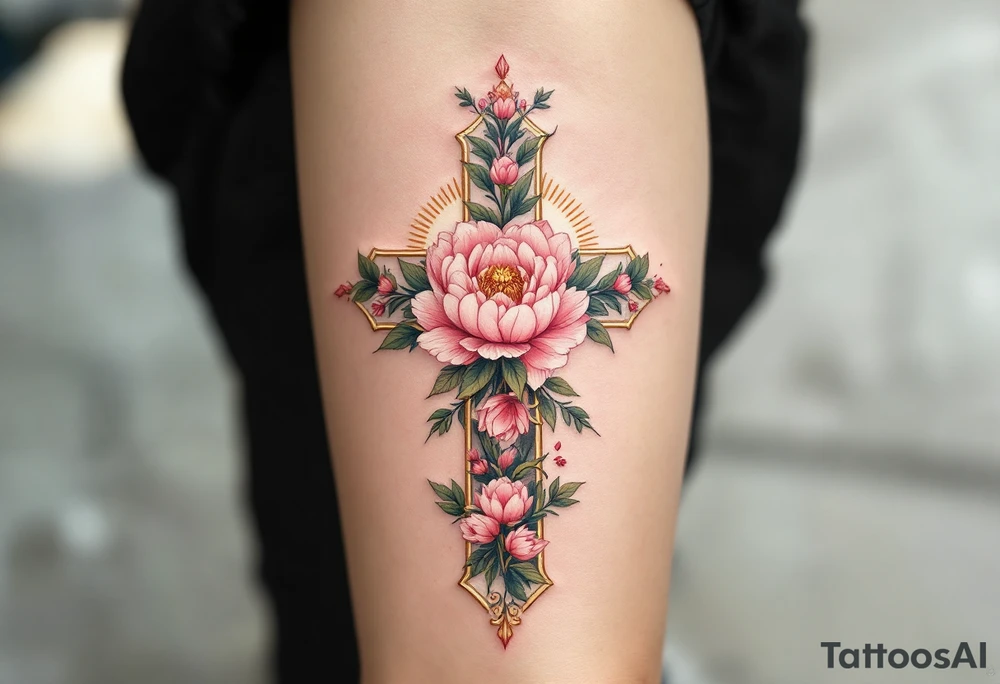 Lada's Symbol — A symmetrical floral cross in soft rose pink and leafy green, resembling a blooming peony, encircled by a golden halo of light, with the Slavic goddess Lada depicted beside it as a serene woman with flowing golden hair, wearing a traditional white and red embroidered dress, holding a wreath of flowers. tattoo idea