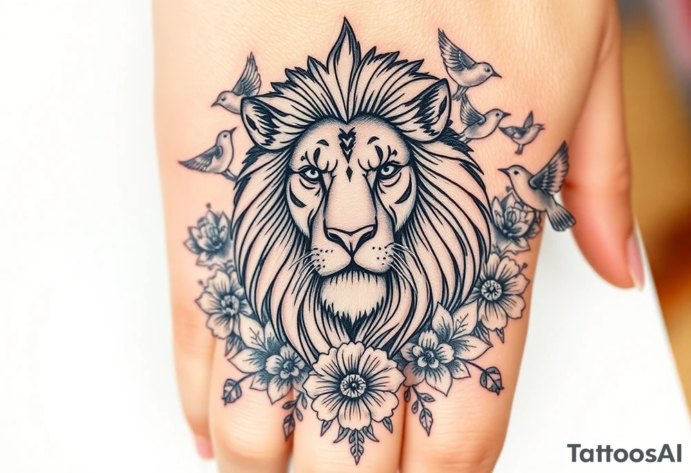 powerful majestic lion with a crown, surrounded by floral ornaments and birds tattoo idea