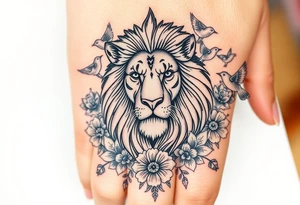 powerful majestic lion with a crown, surrounded by floral ornaments and birds tattoo idea