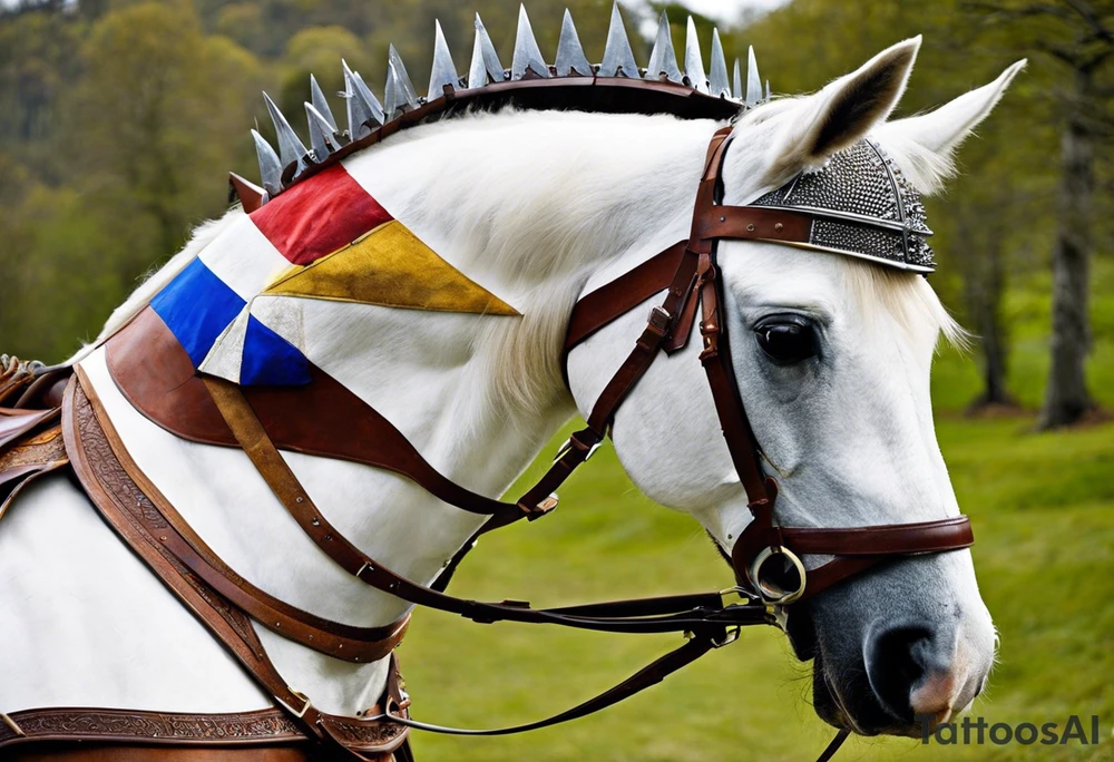 O primeiro cavaleiro do apocalipse. Com um arco e flechas nas costas ele monta num cavalo branco, forte e esbelto, com cabelos longos no pescoço. Com porte fisico forte e vestindo uma armadura de ferro, o cavaleiro usa um capacete medieval em forma de coroa. tattoo idea