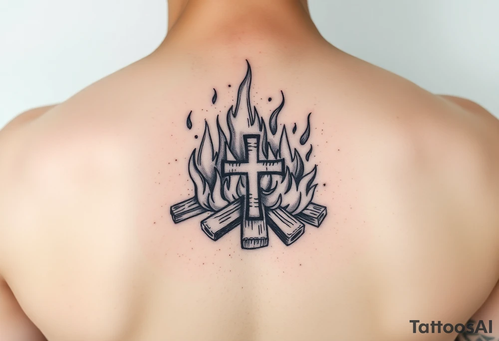 Campfire with a cross hidden in the flames tattoo idea