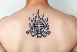 Campfire with a cross hidden in the flames tattoo idea