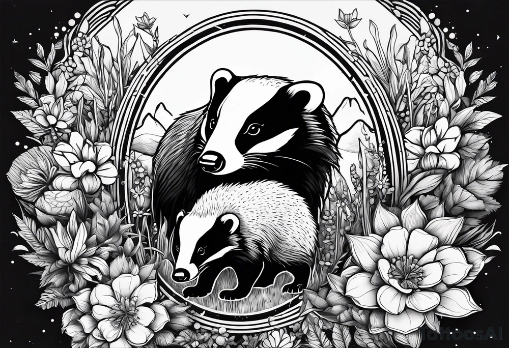 A badger with a cub in a field of flowers, including a cannabis leaf realistic in center and getting more trippy and black towards the edges spirals included tattoo idea