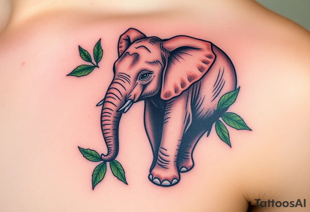 A baby elephant holding its parent’s trunk, surrounded by soft green leaves and warm earth tones, symbolizing guidance and protection tattoo idea