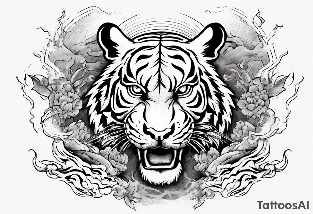 Ancient tiger with lightning and a sun for a forearm sleeve. With patterns surrounding it tattoo idea