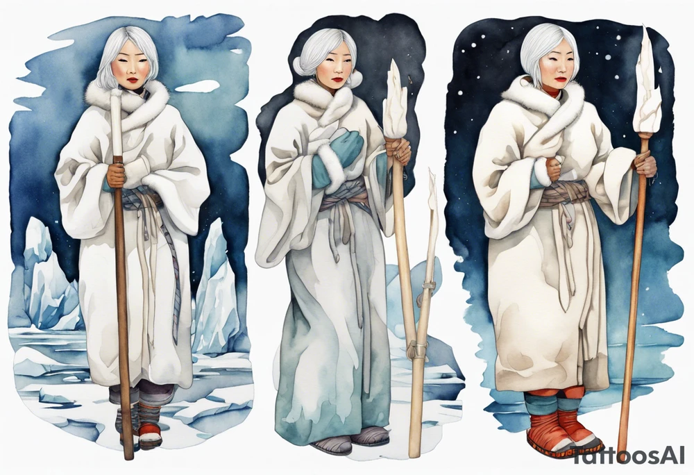 a 40 year old Inuit woman with white hair and a white robe and white mittens and mukluks holding a plain white staff, standing on an iceberg tattoo idea