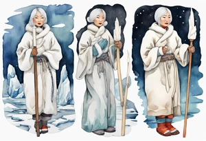 a 40 year old Inuit woman with white hair and a white robe and white mittens and mukluks holding a plain white staff, standing on an iceberg tattoo idea