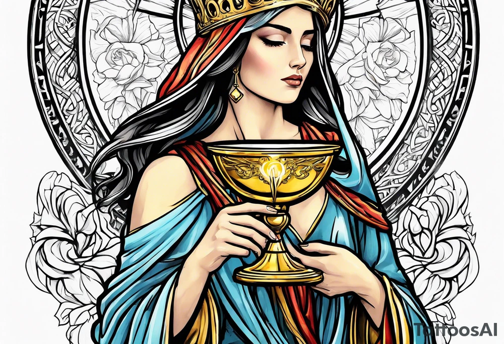 holy saint woman turned away with golden halo holding a chalice tattoo idea
