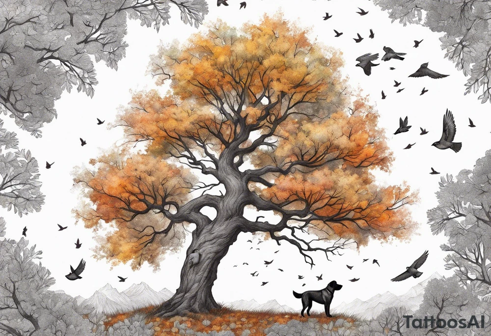 Autumn tree with a medium size grey brindle dog sitting under it and to the right facing it looking up and birds flying from the top right of the tree far view and full tree tattoo idea