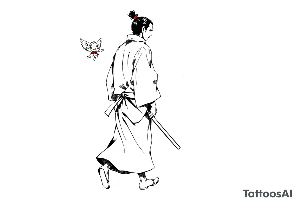A solemn Japanese samurai (or ronin) in traditional hakama and kimono, walking in profile view. A small winged cherub or angel is floating behind him, reaching out with its hand towards his back. Black and white ink sketch, high contrast, monochrome, manga style, clean lines, dynamic composition, with ink splatter details on a white background. --ar 1:1 tattoo idea