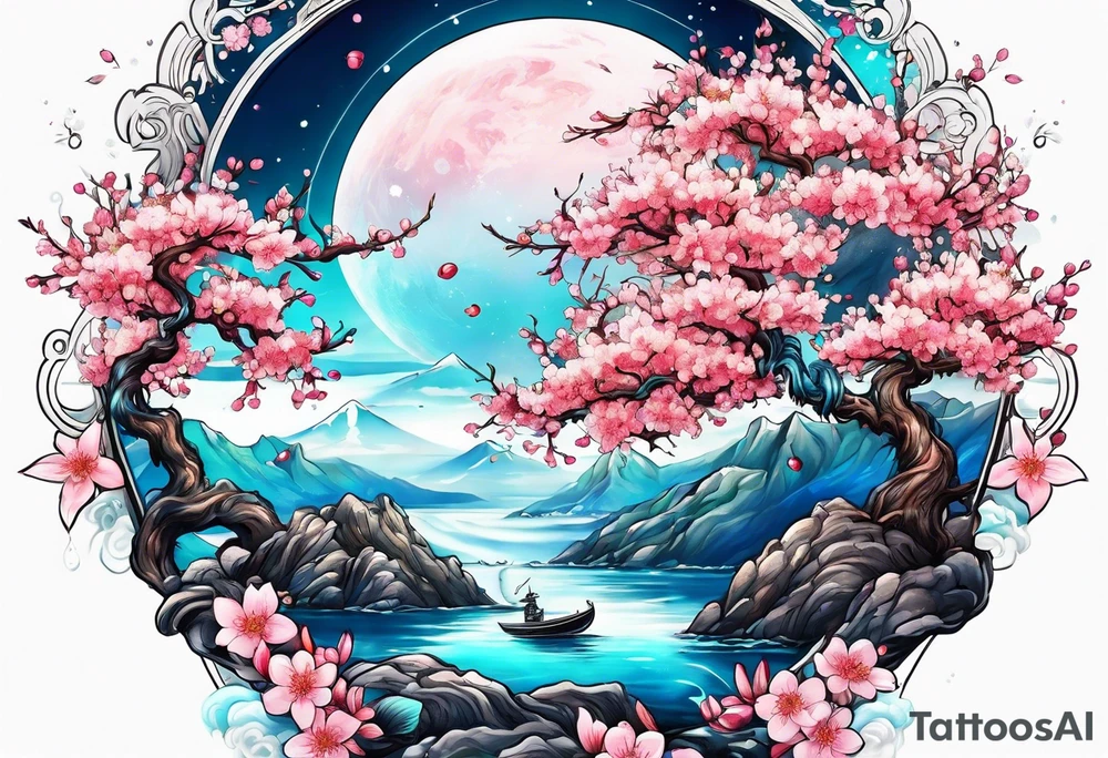 Neptune planet  with cherry blossom tattoo idea