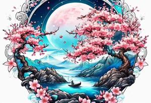 Neptune planet  with cherry blossom tattoo idea