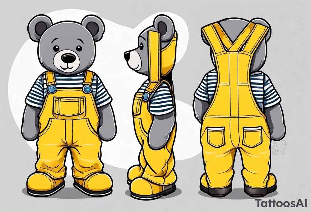 the back image of a grey teddy bear standing in yellow overalls, white tank top, striped boots and holding his left arm up to hold a hand tattoo idea