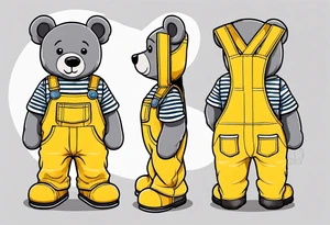 the back image of a grey teddy bear standing in yellow overalls, white tank top, striped boots and holding his left arm up to hold a hand tattoo idea