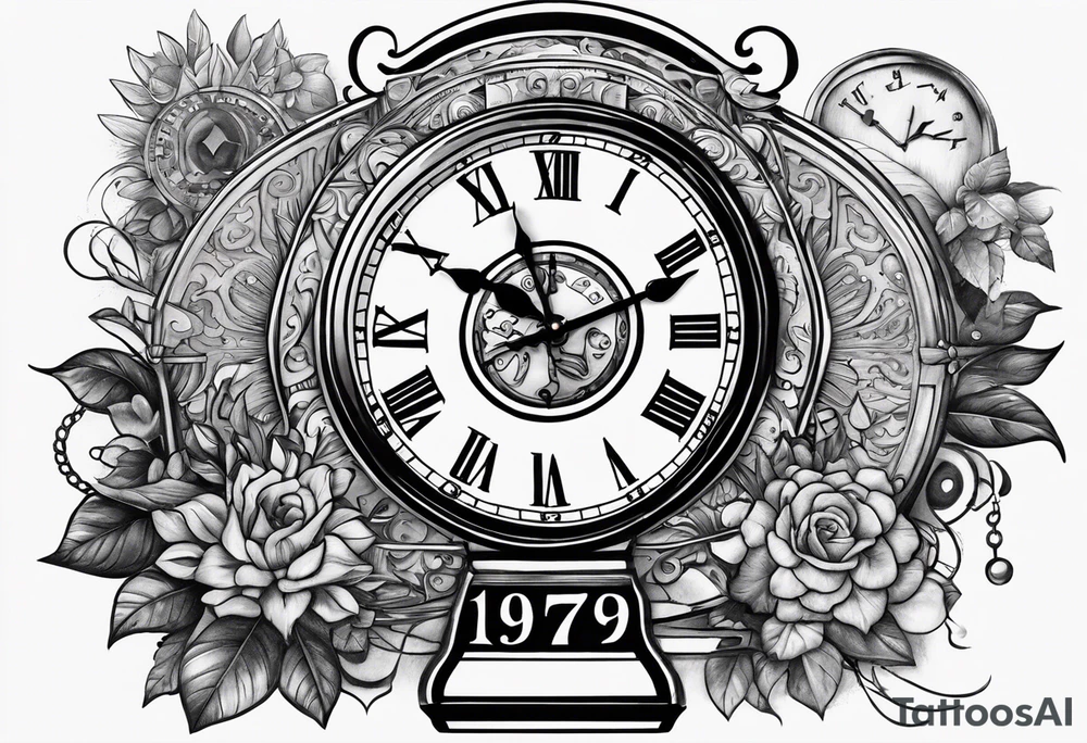 a tattoo mixing a clock and an hourglass in black and white where the year 1979 appears. tattoo idea