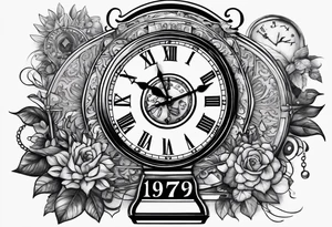a tattoo mixing a clock and an hourglass in black and white where the year 1979 appears. tattoo idea