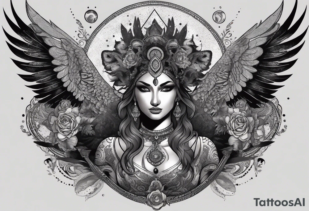 black kali, goddess pirate, alien, angel, pachamama, valkrye, warrior, flying, skull, lotus azul, wing, eagle, zenza resonance, stars, 5D, anahata chakra, death, durga, riding on a tiger, flying lady, kundalini, chest tatoo, samuri, rebel,serpent tattoo idea