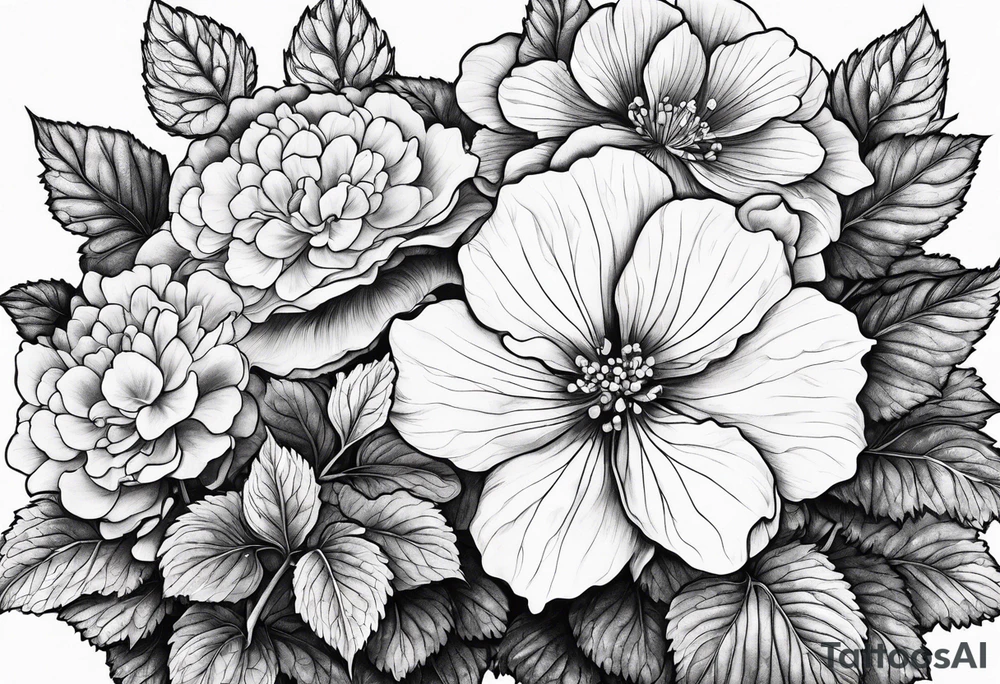 Begonia flower, hydrangeas, marigolds tattoo idea
