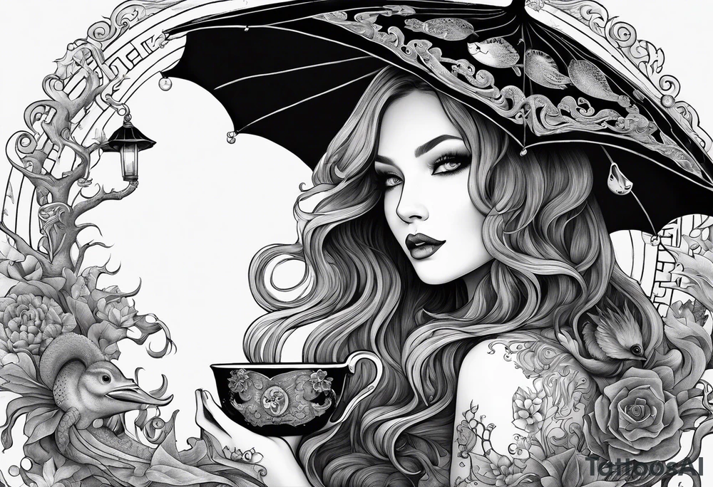 A beautiful sea witch with tentacles that incorporates a teacup, an umbrella, a yellow bird, and a gingerbread boy tattoo idea