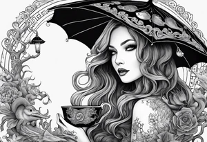 A beautiful sea witch with tentacles that incorporates a teacup, an umbrella, a yellow bird, and a gingerbread boy tattoo idea