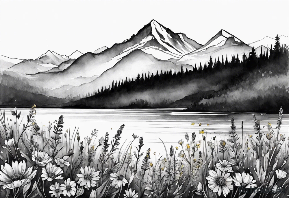 straight line - wildflower in watercolor represents overcoming challenges & strength - mountains, waves with a little sunshine tattoo idea
