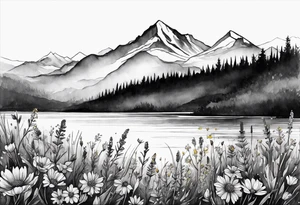 straight line - wildflower in watercolor represents overcoming challenges & strength - mountains, waves with a little sunshine tattoo idea