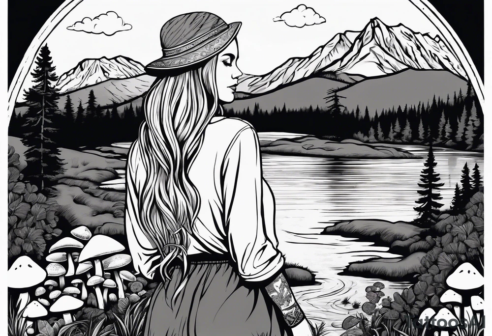 Whole picture encircled fully

Straight long blonde hair hippie girl in distance holding mushrooms in hand facing away toward mountains and creek surrounded by mushrooms long sleeve shirt and hiking pants; whole rendering within a full circle, no cut off circle tattoo idea