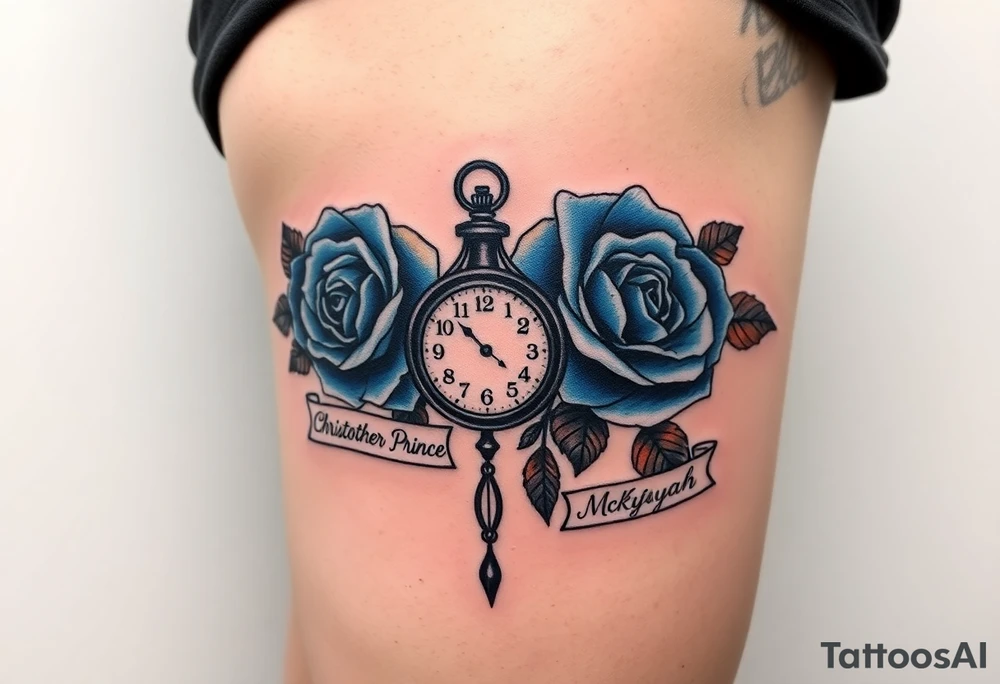 2 Blue and orange roses with a clock on the thigh with name plates saying Christopher Prince and McKiyah tattoo idea