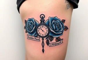 2 Blue and orange roses with a clock on the thigh with name plates saying Christopher Prince and McKiyah tattoo idea