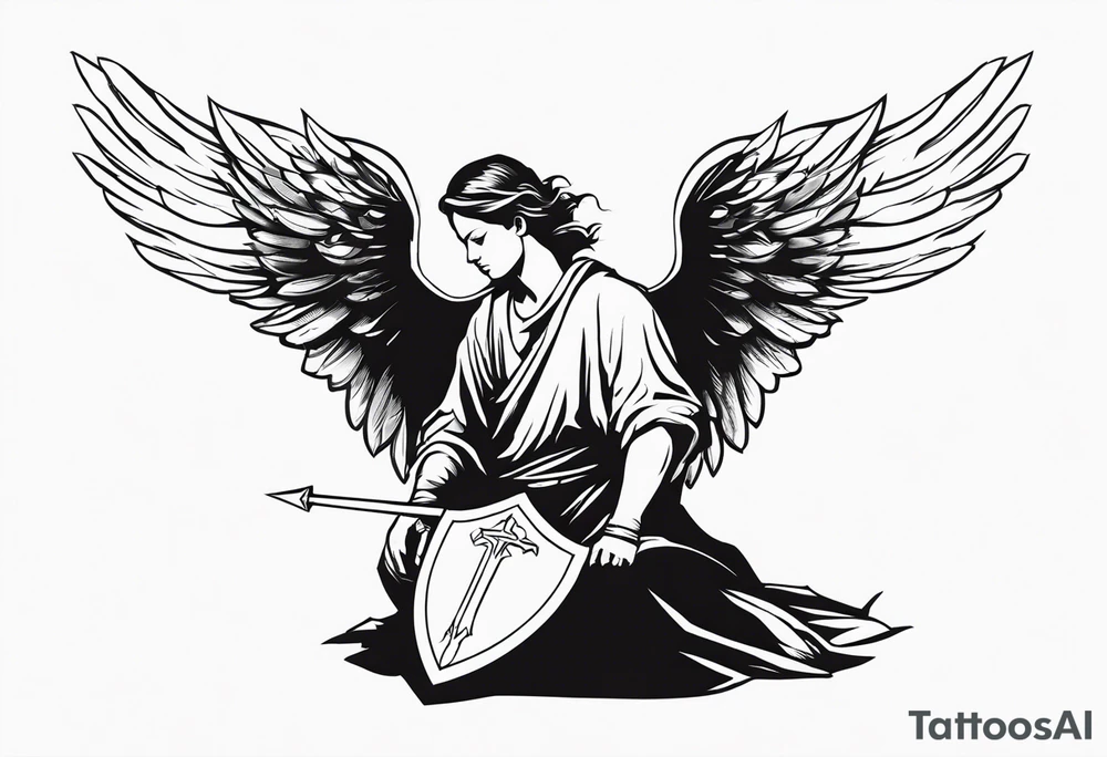 side view of crouched angel holding shield tattoo idea