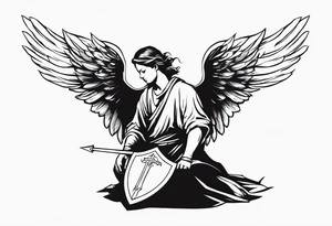 side view of crouched angel holding shield tattoo idea