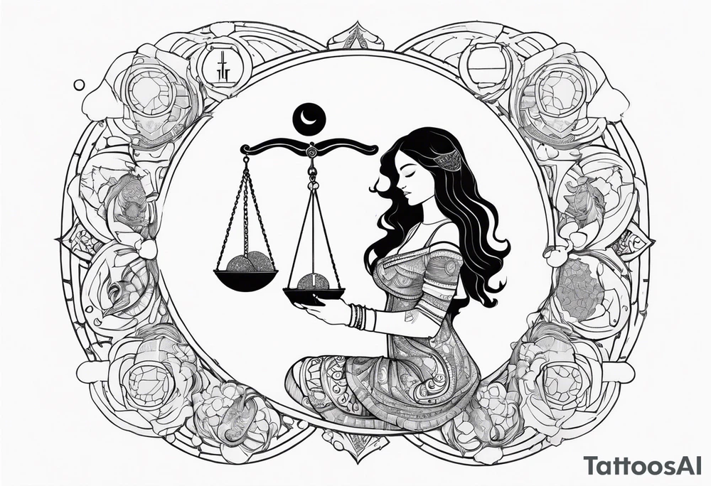 Libra woman holding scales with a night zodiac background including a half moon that encircles half of the woman with vibrant colors tattoo idea