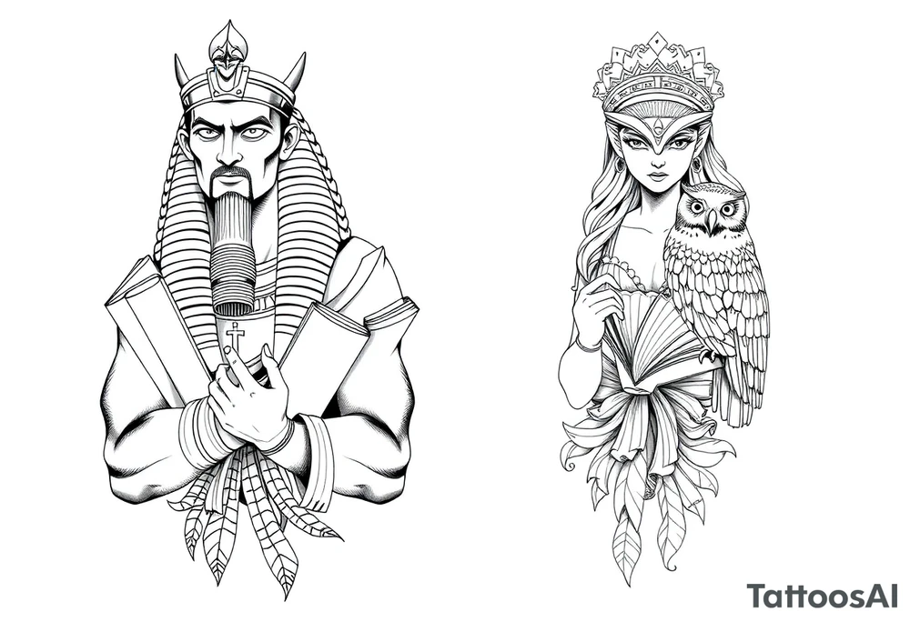 The Egyptian god Toth and the Greek goddess Athena with books and owls tattoo idea