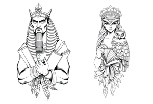 The Egyptian god Toth and the Greek goddess Athena with books and owls tattoo idea