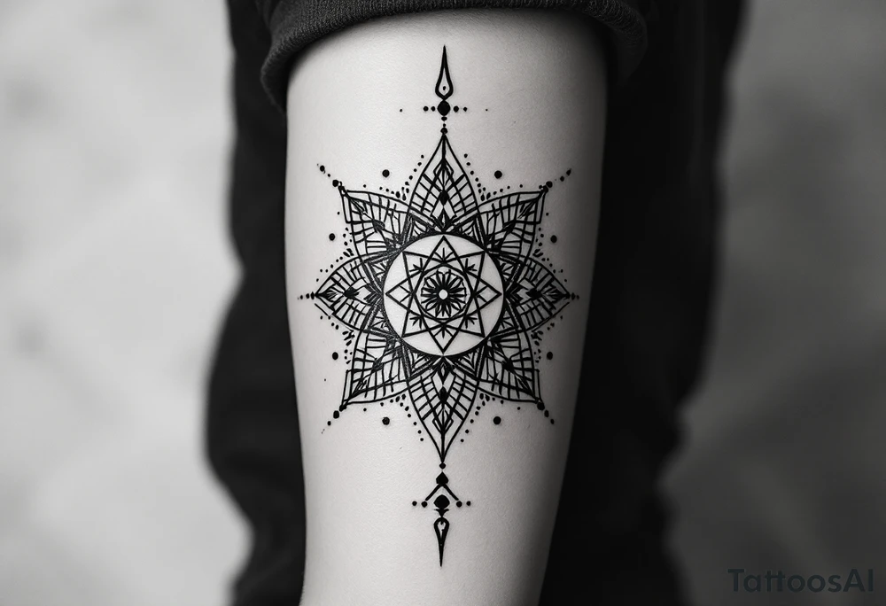 simple, minimalist tattoo, sacred geometry mandala, centerpiece design, dotwork patterns, radiating geometry, symmetrical mandala, geometric shapes, intricate dotwork, sacred patterns, mandala center, geometric radiating, fine line work, black grey shading, minimalist design, no outlines, arm placement, delicate linework, precise geometry, clean symmetry, sacred symbols, geometric precision, dotwork details, mandala focal point, refined patterns, understated complexity, geometric harmony, minimalist tattoo idea