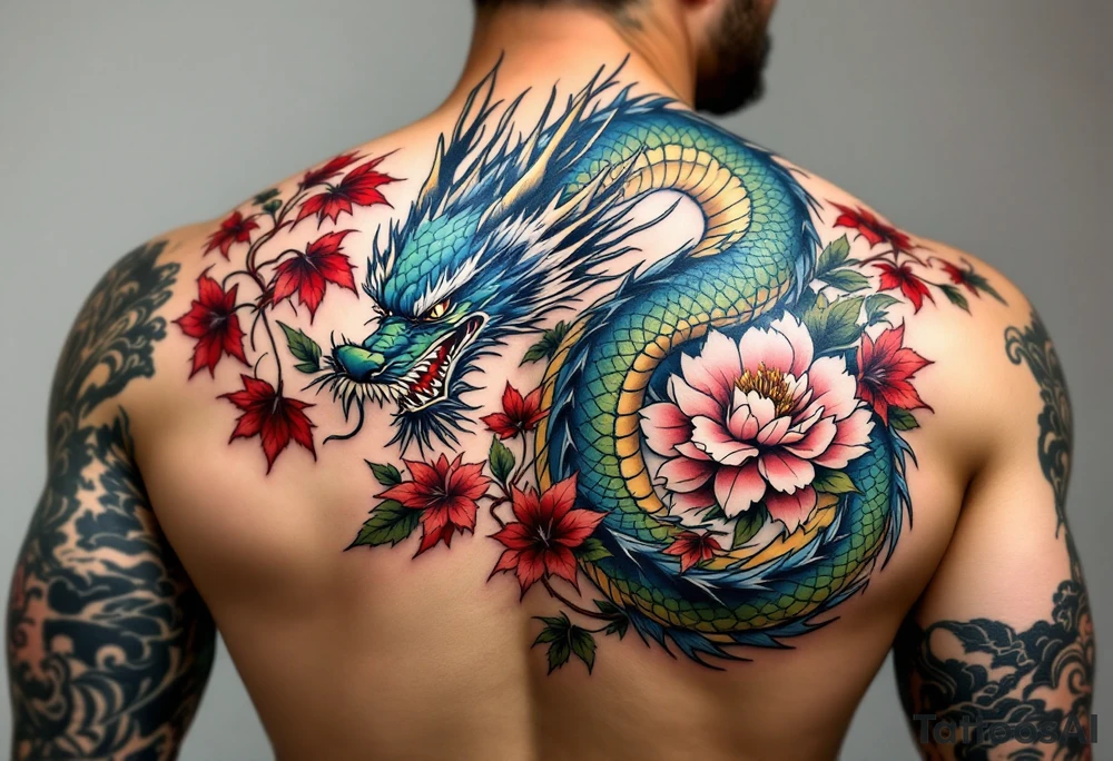 A full-back irezumi tattoo depicting a fierce blue and green dragon coiled around pink peonies and fiery red maple leaves, with black ink wind bars and soft gray shading that flows across the shoulders and down the arms. tattoo idea