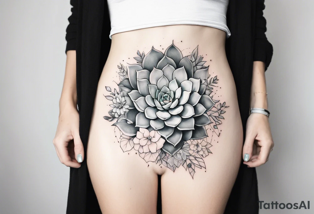 fine line. one big succulent in the middle. One smaller succulents on each side. Dots and floral
. Sternum tattoo grey scale shading tattoo idea
