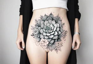 fine line. one big succulent in the middle. One smaller succulents on each side. Dots and floral
. Sternum tattoo grey scale shading tattoo idea