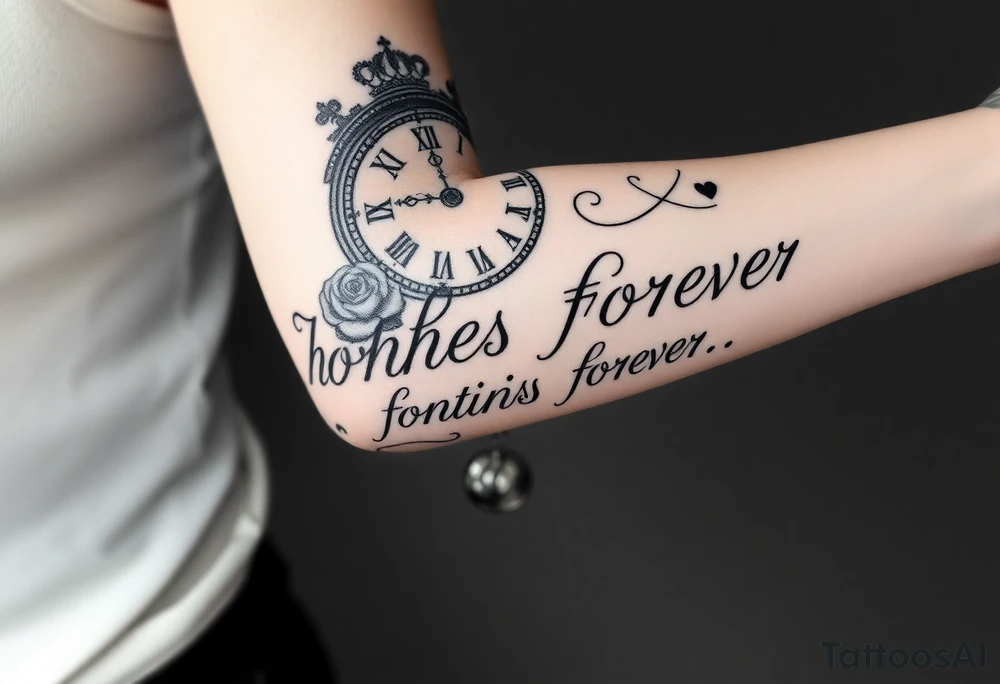 Roman clock with roses and a crown,  a quote that says nothings forever. and on the bottom a deck of cards tattoo idea