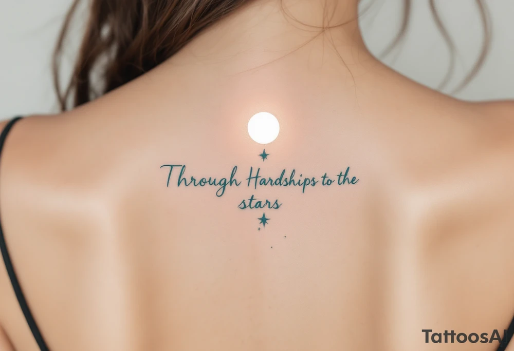 Flowing in teal ink across the spine, “Through Hardships to the stars” is crowned with a glowing white moon. tattoo idea